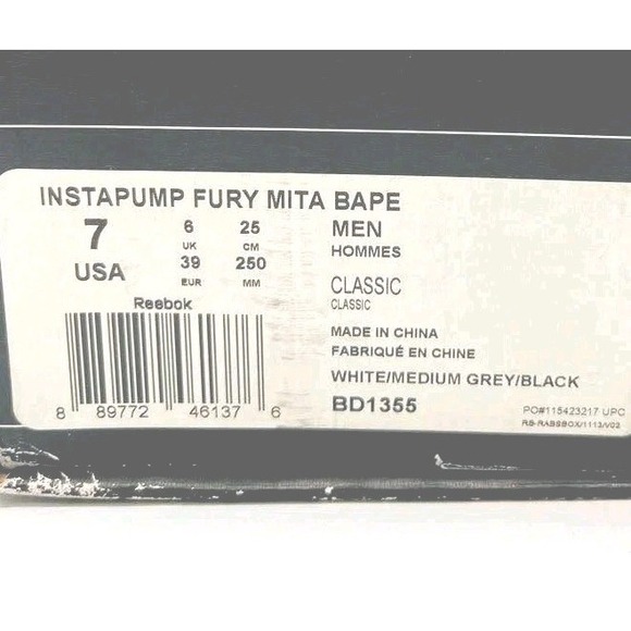 Reebok A Bathing Ape x Mita x InstaPump Fury Shoes Men 7 White Black Camo BD1355 main image 6
